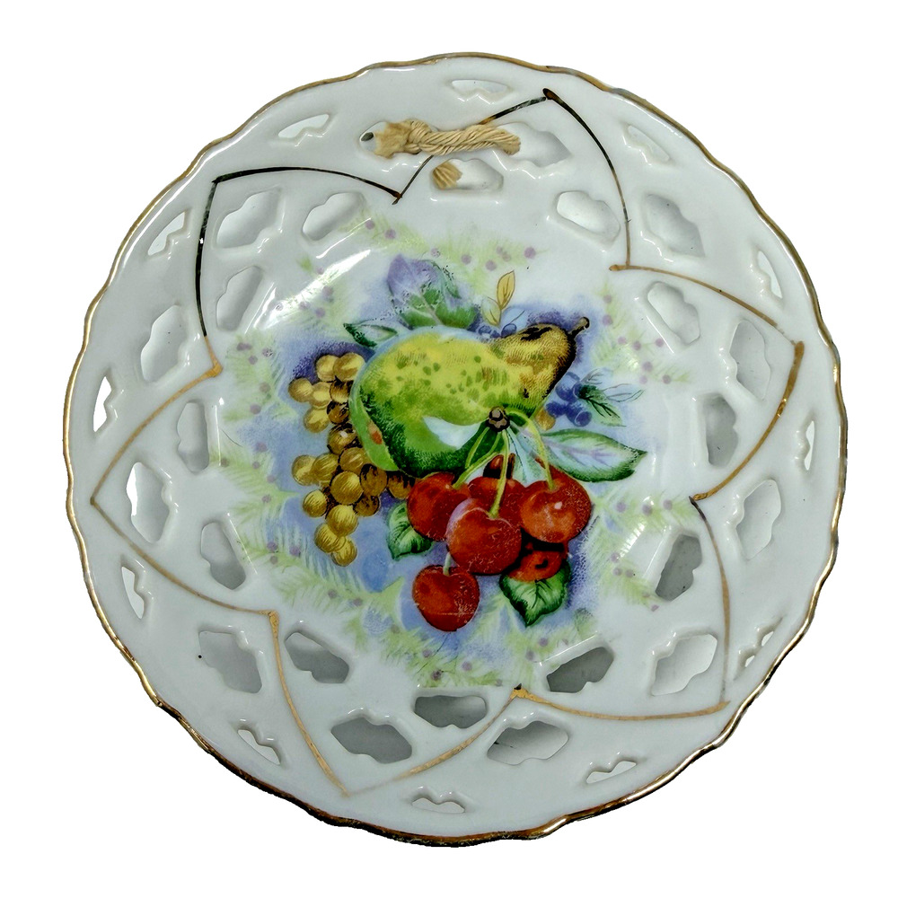 Vintage Made in Japan Reticulated Porcelain Fruit Plate Wall Hanging Gold Trim